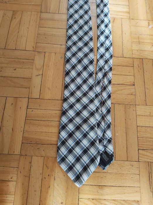 Krawat jedwabny kratka granatowo-biały