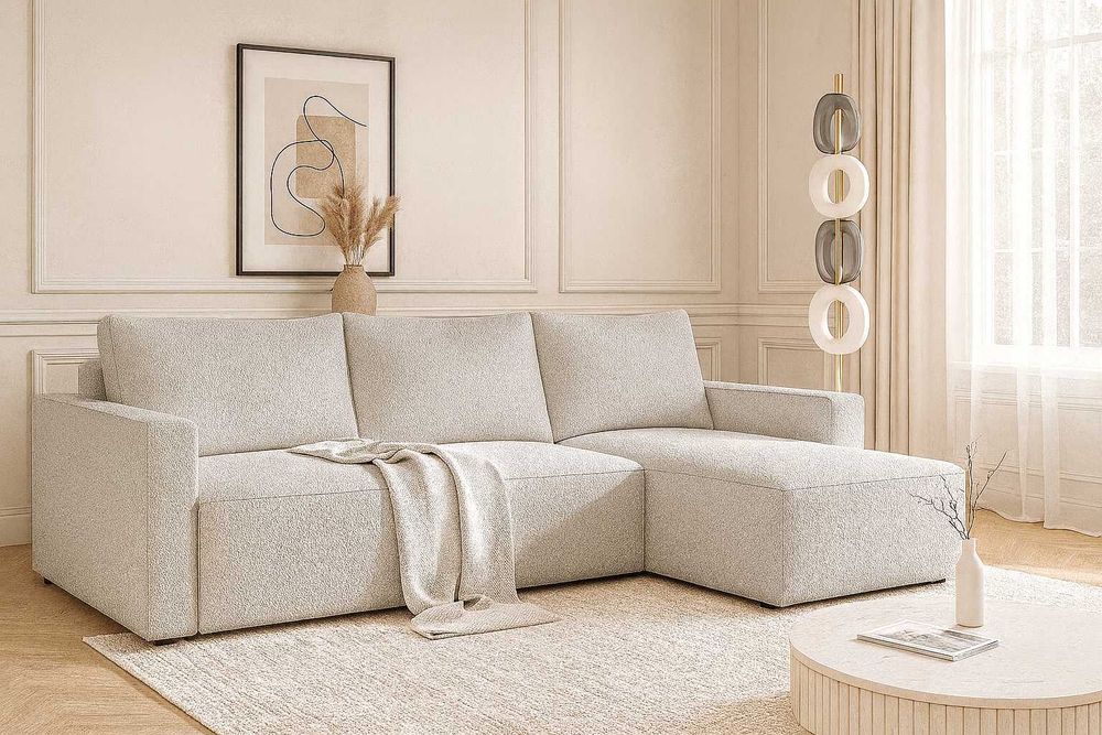 Narożnik NOYO 230cm z funkcją spania pojemnik na pościel boucle