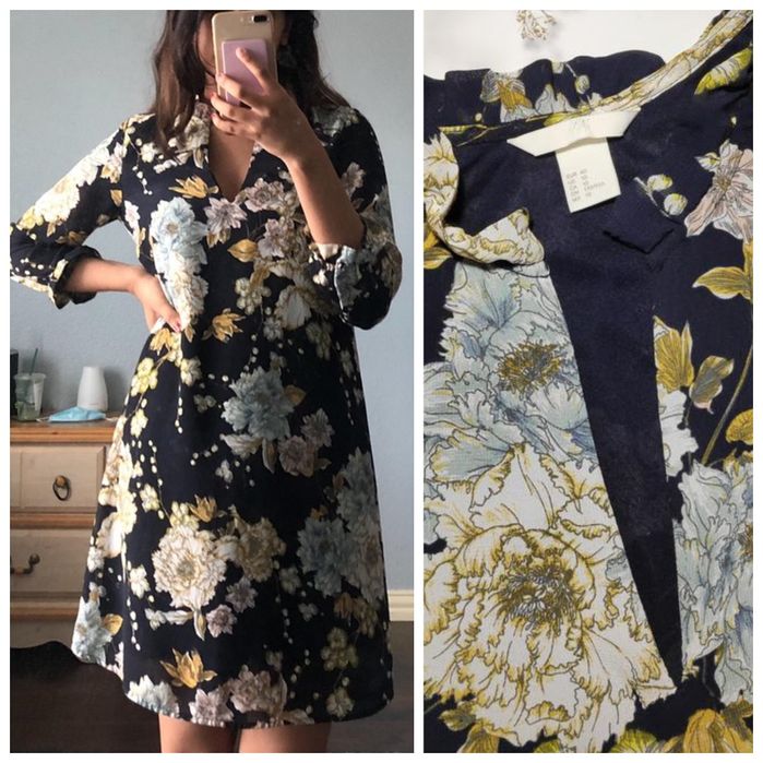 H&M L-XXL prosta granatowa sukienka w kwiaty do kolan