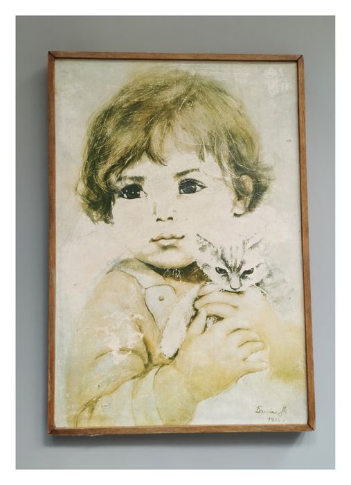 Obrazek retro  'Dziecko z kotkiem' Danuta Muszyńska-Zamorska (25x37cm)