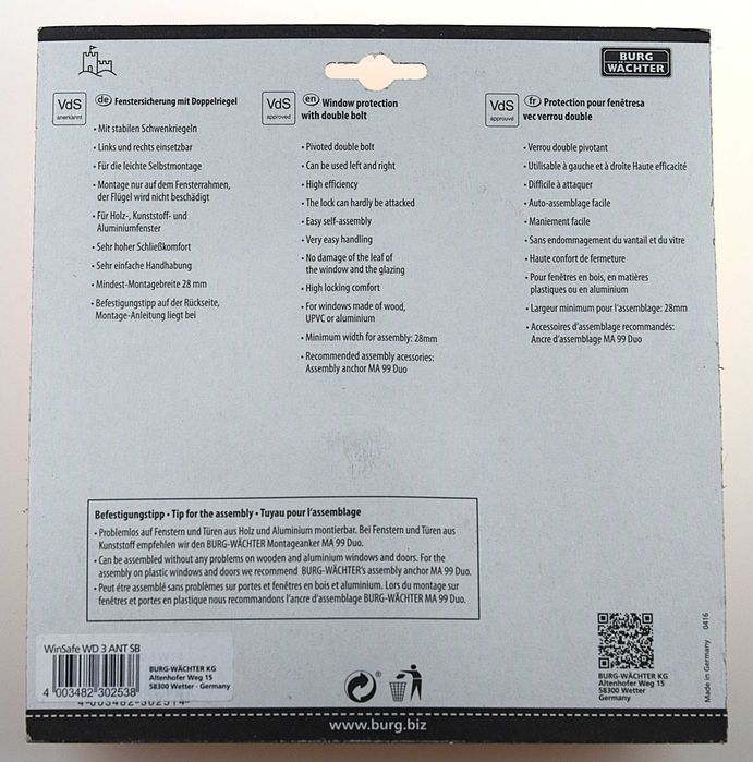 Zabezpieczenie okna WinSafe WD 3 ANT SB niemieckiej firmy Burg Wachter