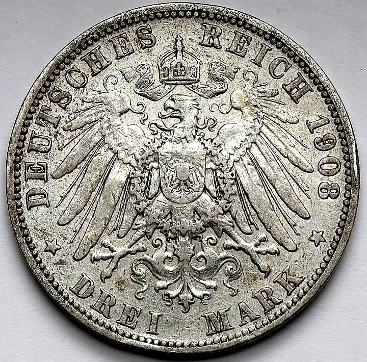 Moneta Cesarstwo Niemiec 3MK 1908r