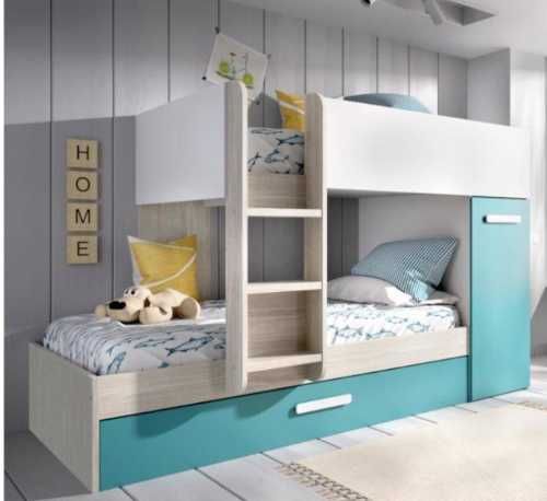 Beliche  Azul turquesa, Branco 90x190 cm - Com 2 colchões