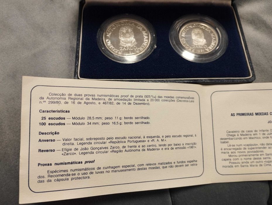 Coleção Moedas prata Autonomia da Madeira 25 e 100 Esc Proof 1981