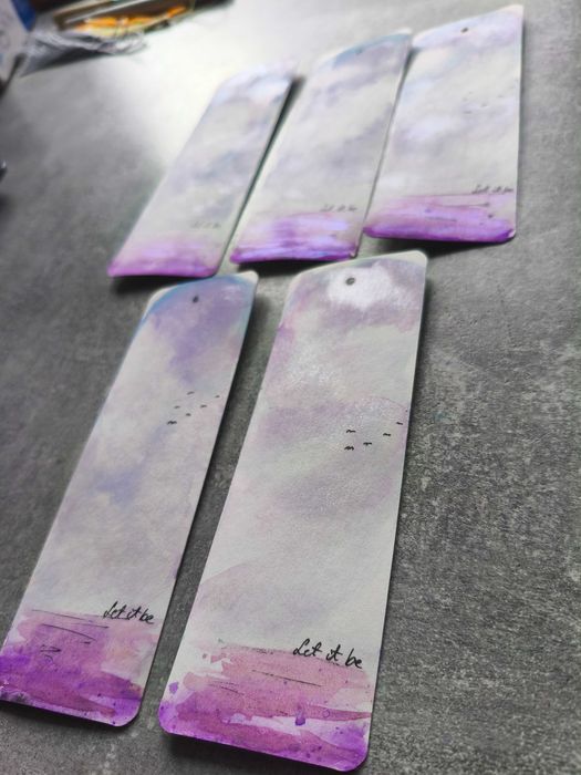 Akwarela Zakładka Książki Ptaki Chmury Niebo Tasiemka Rękodzieło