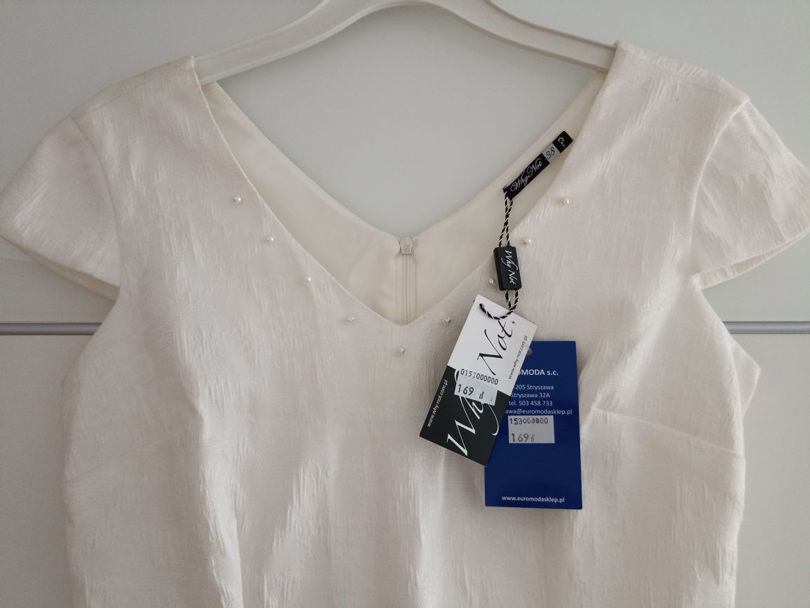 Elegancka sukienka ecru śmietanka 38 M wesele chrzciny komunia