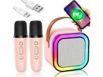 Zestaw karaoke głośnik bezprzewodowy bluetooth 2 mikrofony różowy