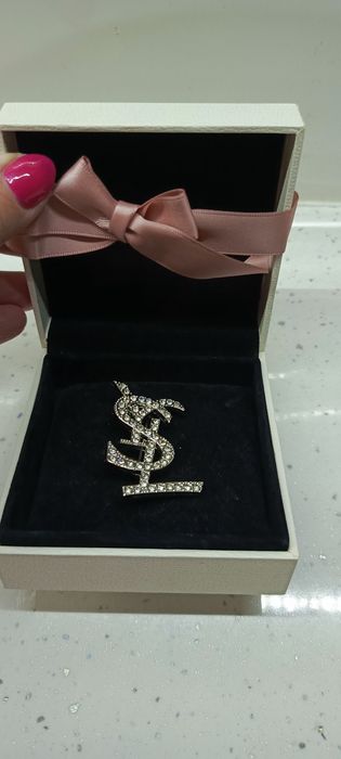 YSL srebrne cyrkonie broszka damska. Nowa