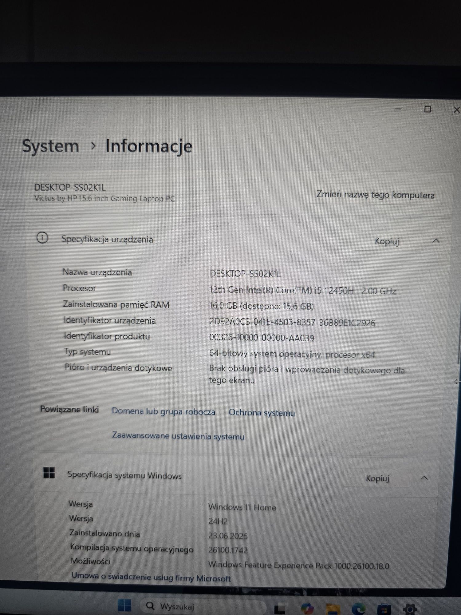 Laptop HP VICTUS 15-fa1652nw i5-12450H 16GB 512GB RTX4050 6gb W11PL