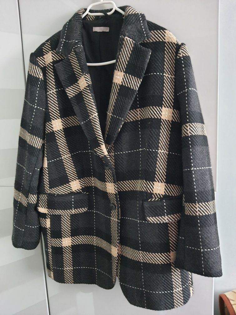 Płaszcz w kratę oversise xl+ h&m 32% wool