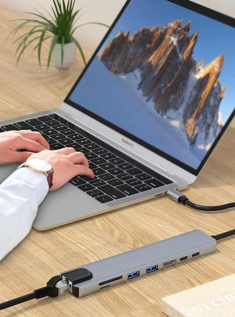 Adapter HUB 8W1 z Kablem USB C HDMI SD Micro SD USB 3.0 RJ-45 LAN