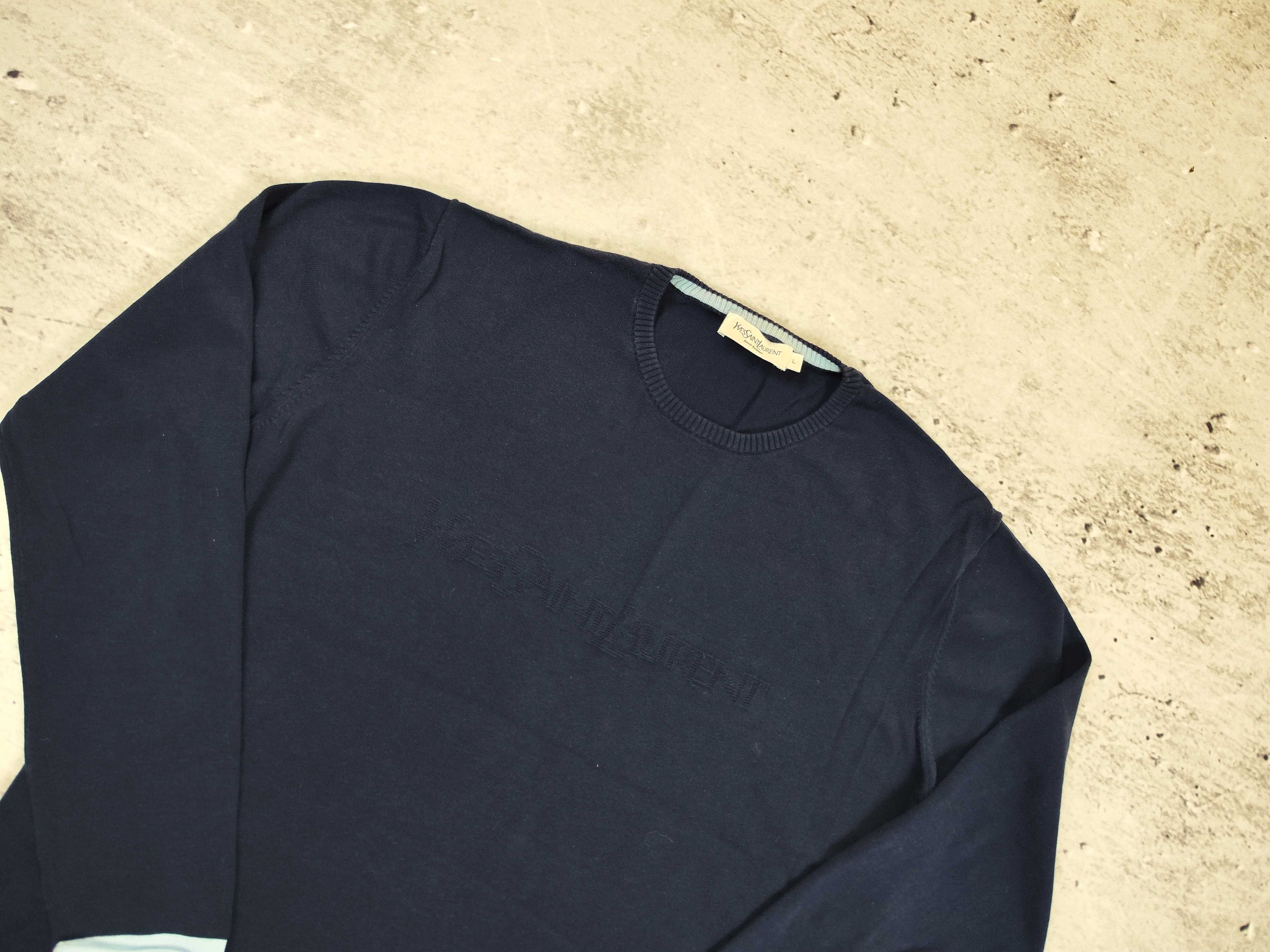 Sweter Yves Saitnt Laurent logo spellout elegancki granatowy r. L