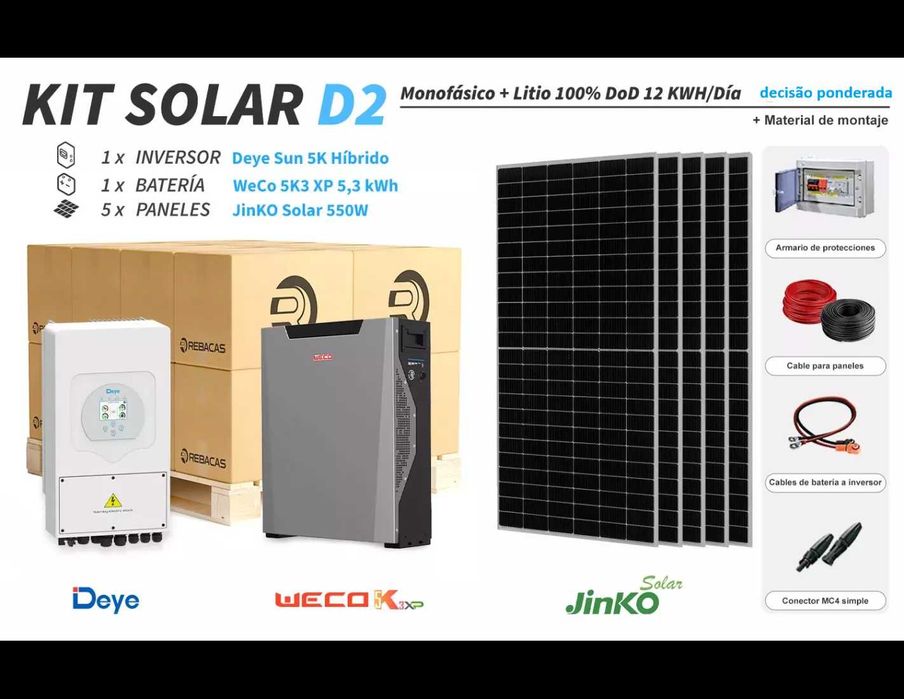 Kit litio Deye D2 12 kWh/día con batería WeCo 5,3 kWh 100% DOD