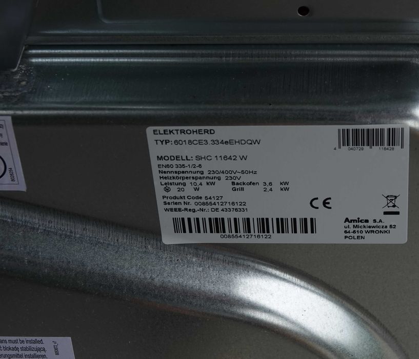 Amica SHC 11642 W kuchenka ceramiczna z piekarnikiem termoobieg