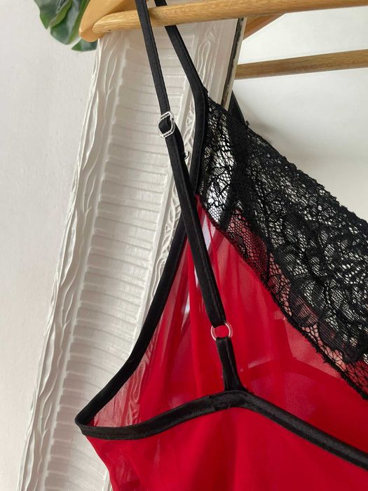 Koszulka nocna czerwona czarna koronka halka zmysłowa krótka S 36