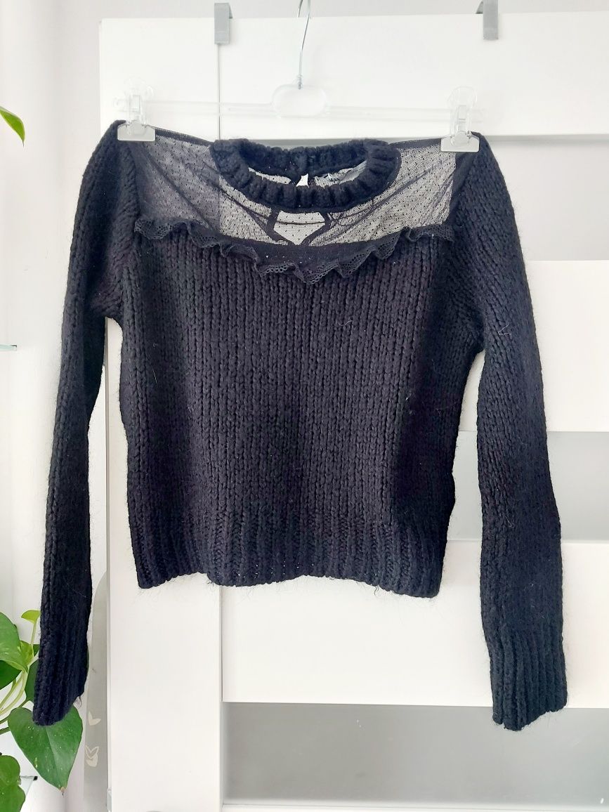 Nowy Sweter Zara M uroczy z falbanką czarny mięsisty