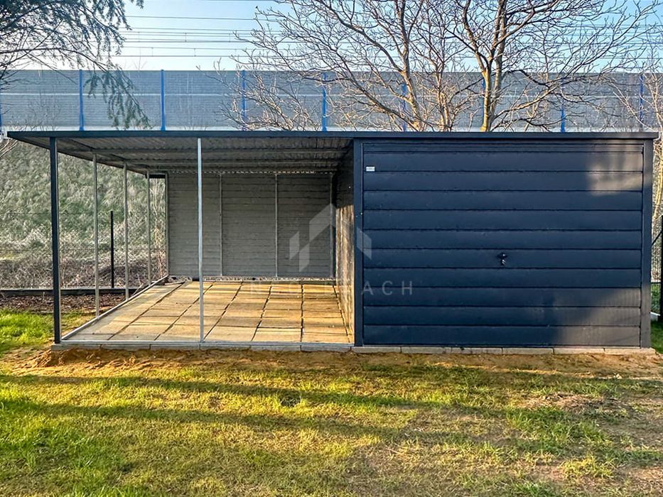 Garaż Blaszany 3X6M + Wiata - Brama - Antracyt - Spad W Tył Nb117