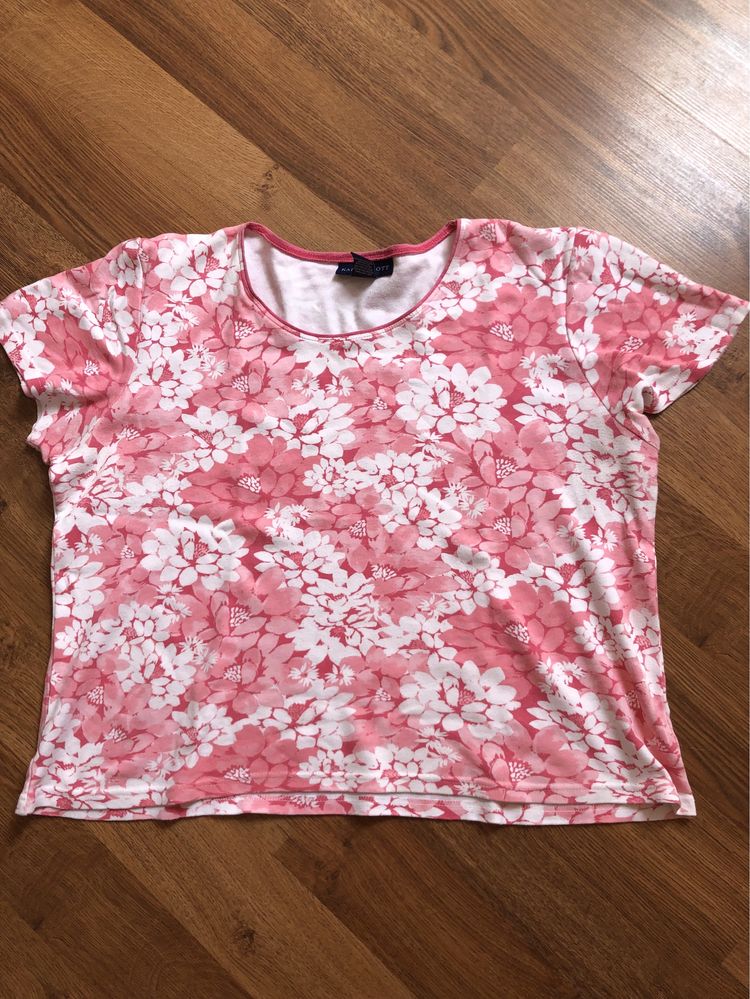 Karen Scott bluzka t-shirt gruba bawełna kwiaty różowa xl krótki rękaw