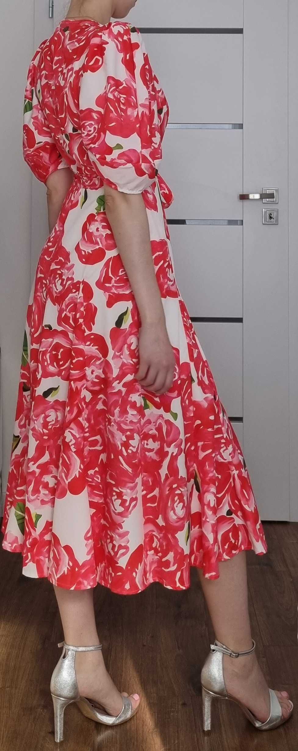 Letnia maxi midi sukienka w czerwone kwiaty biało-czerwona 36/S 38/M