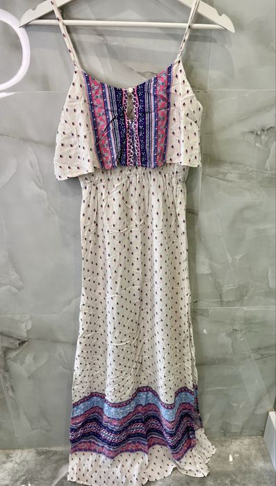 Sukienka maxi biała wzorki h&m xs różowa fioletowa dwa rozcięcia