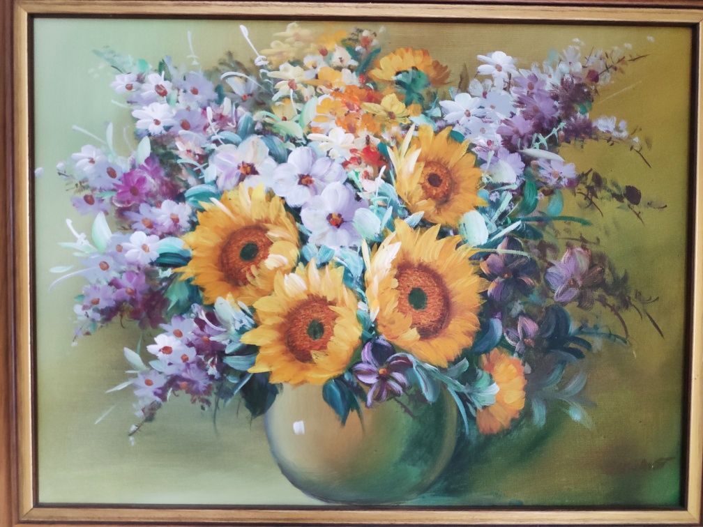 Obraz olejny na płótnie, martwa natura, kompozycja kwiatowa