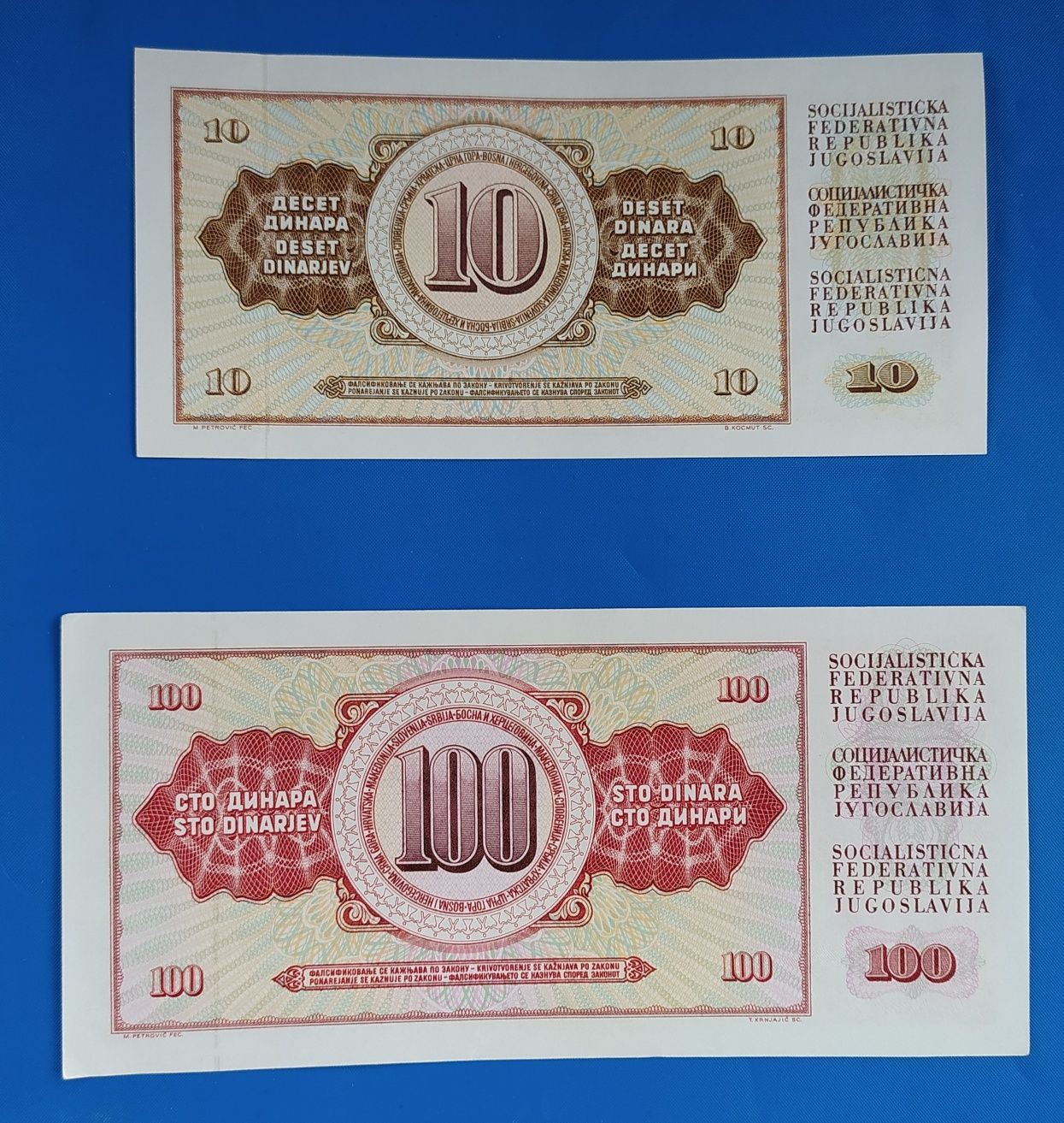 zestaw  banknotów, 10 i 100 dinarów , 2 szt. , państwo Jugosławia ,UNC