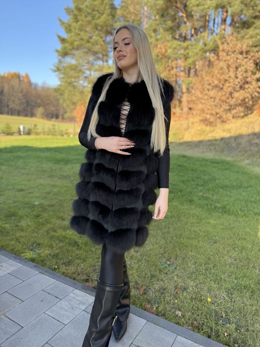 Kamizelka m/l z lisa czarnego naturalne futro damska długa rzędowa