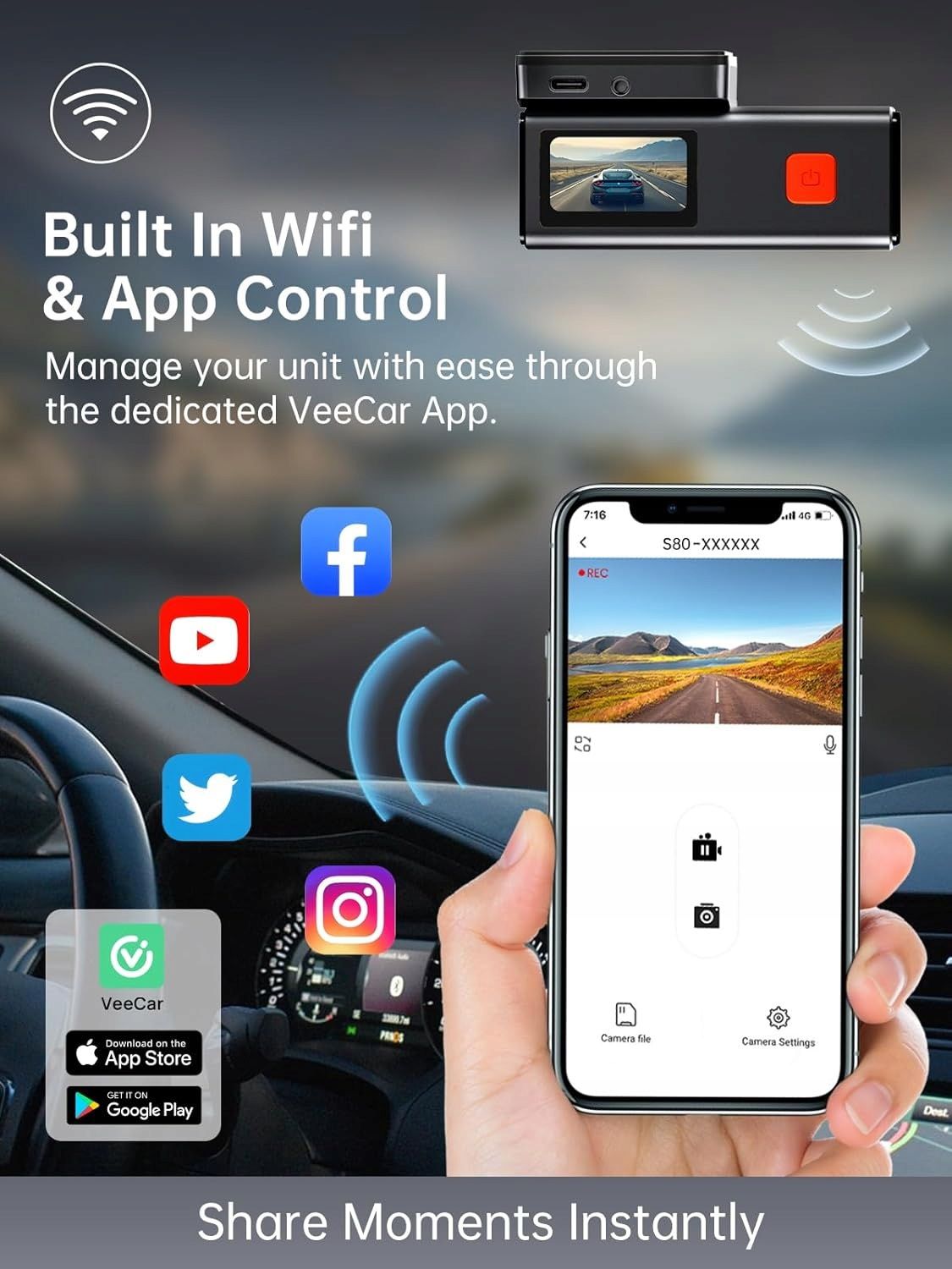 Wideorejestrator Kamera Samochodowa Smart WiFi Dash Camera S80  4K