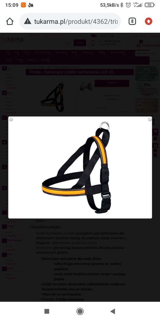 Szelki norweskie Trixie USB LED r.XL NOWE