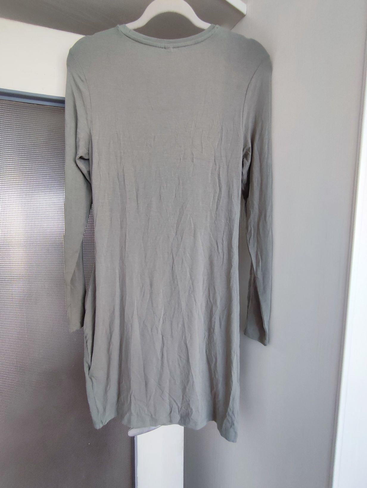 Sukienka khaki z marszczeniem z długim rękawem krótka do uda mini L XL