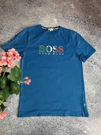 Синяя футболка мужская с большим логотипом Hugo Boss italia (Оригинал)