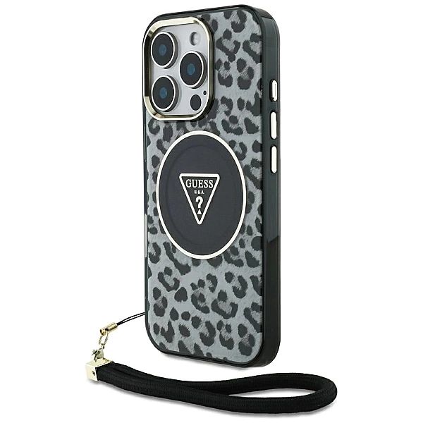 Etui Guess HC IML Leopard Triangle Cord Strap MagSafe do iPhone 16 Pro