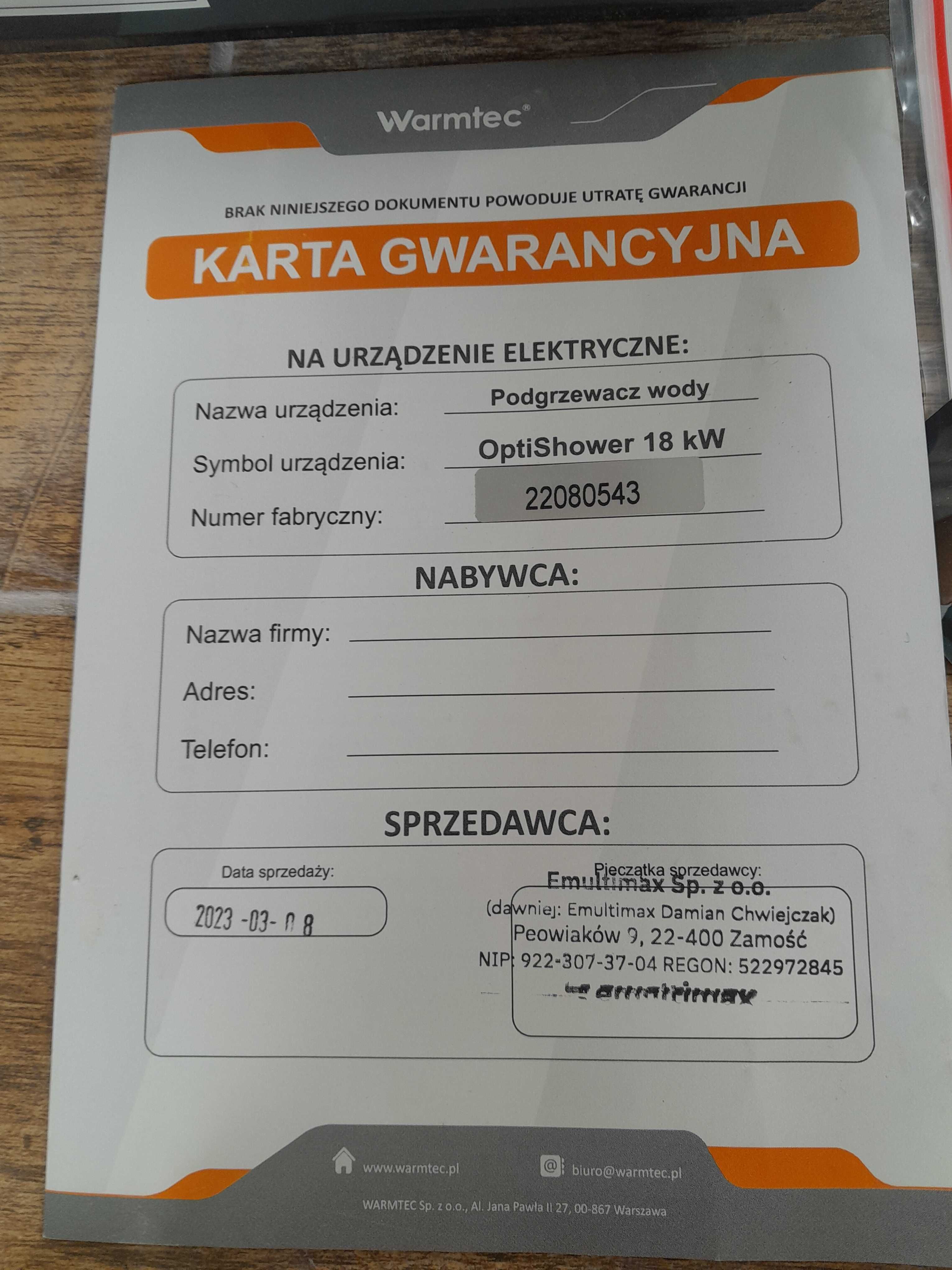 Przepływowy ogrzewacz wody elektryczny  Warmtec opti shower 18kW