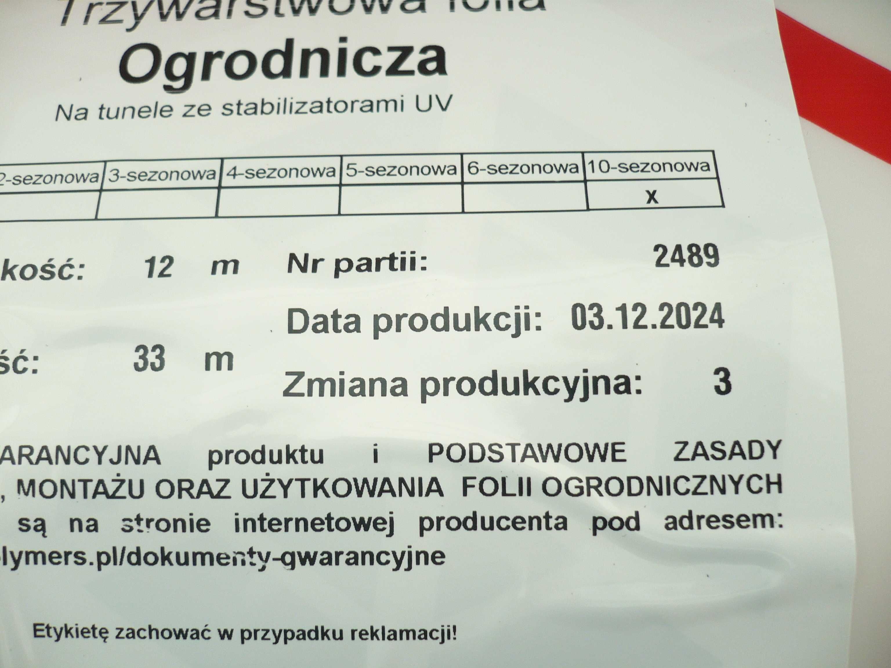 Tunel folia tunelowa UV 10 12x33m folia ogrodnicza Warter Polska