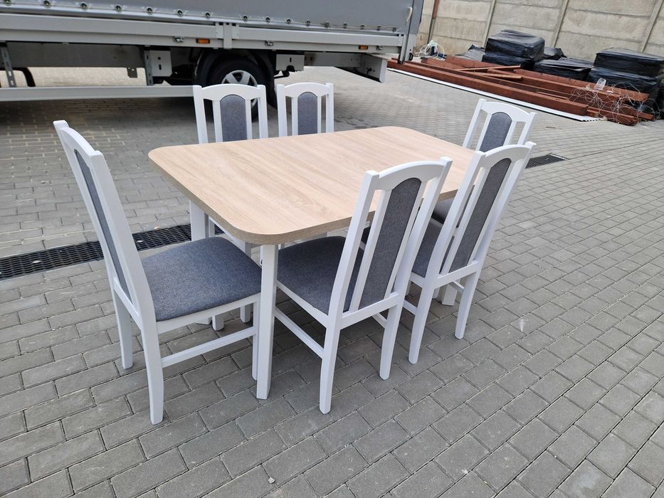 OD RĘKI: Stół rozkładany + 6 krzeseł, NOWE , biały/sonoma + szary