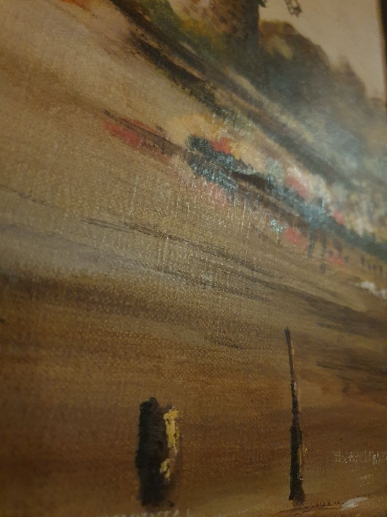 Stary obraz olejny na płótnie, wiatrak młyn. wymiary 50x60 cm z ramą.