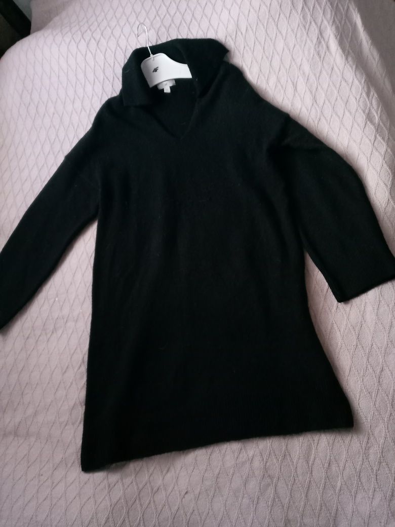 Luźna czarna sukienka H&M S z wełną Szeroki kołnierz w prążki