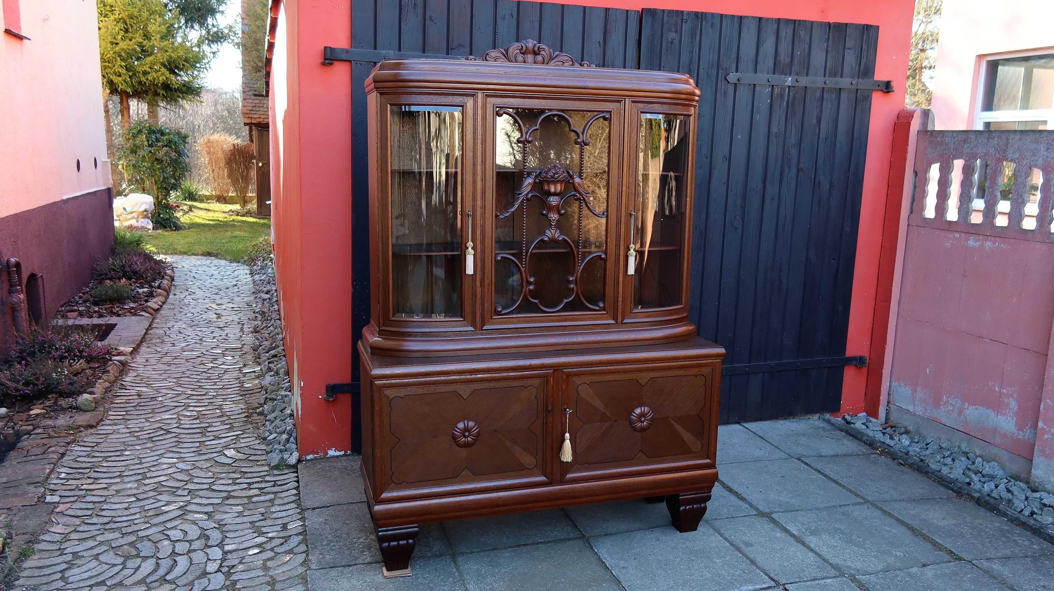 Fascynująca Unikatowa dębowa Witryna 1920 r. Antyk po renowacji
