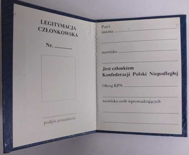 Legitymacja KPN Nowa Oryginał 1992 czysta UNIKAT!