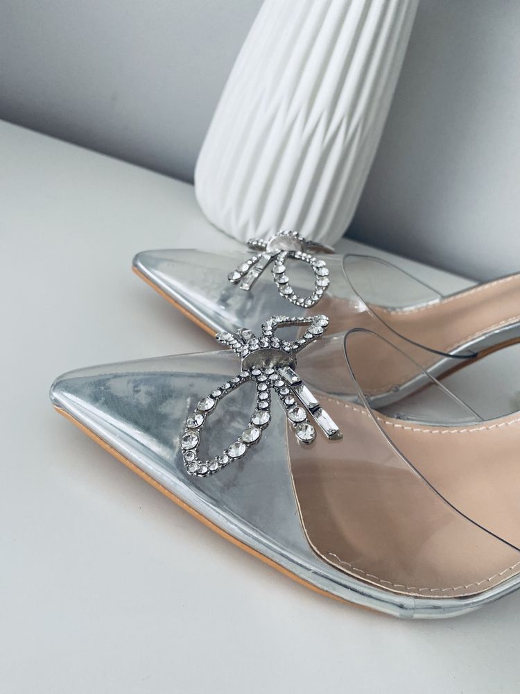 Buty na obcasie szpilki transparentne sandały z kokardką