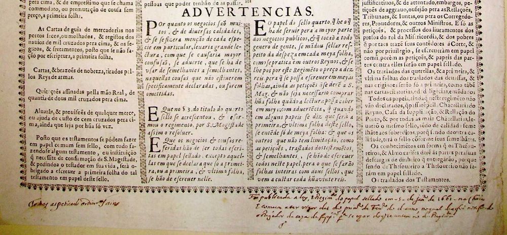 RARÍSSIMA Recopilação do Regimento do PAPEL SELADO em Portugal de 1661