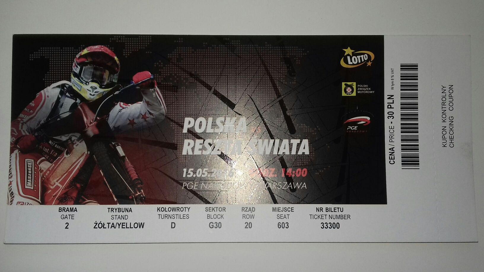 Żużel- dla kolekcjonerów bilety : Polska-Reszta Świata 2016 r Warszawa