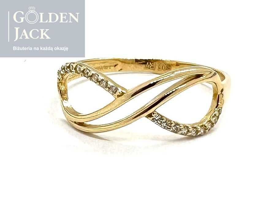 Złoty pierścionek znak nieskończoności cyrkonie złoto 585 roz.16 1,39g