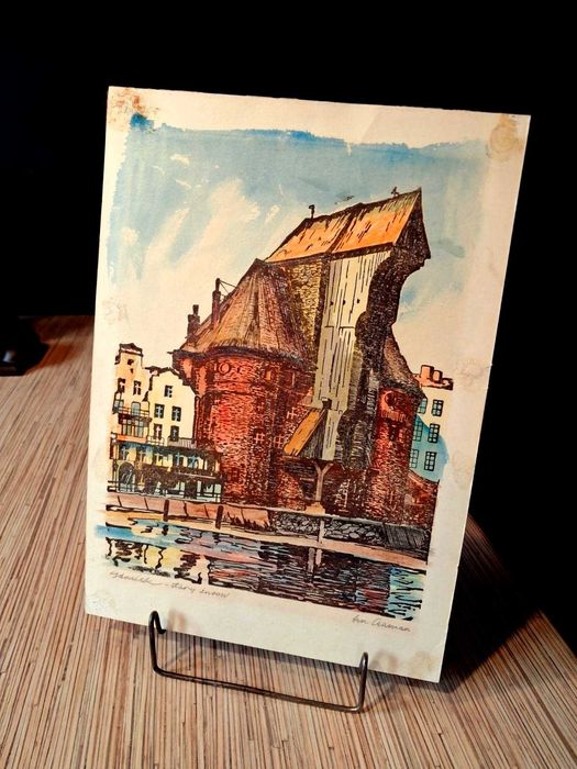 UNIKAT ! Oryginalna grafika H. CZAMAN "GDAŃSK Stary ŻURAW" Sygnowana