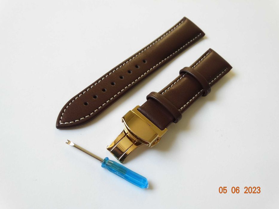 Pasek skórzany do zegarka 20mm 22mm brązowy zapięcie motylkowe złote