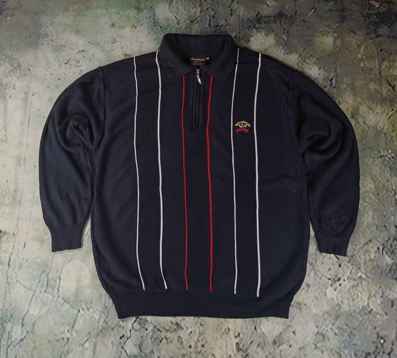 Paul & Shark Italy XXL | Męski sweter z kołnierzem - zamek - paski