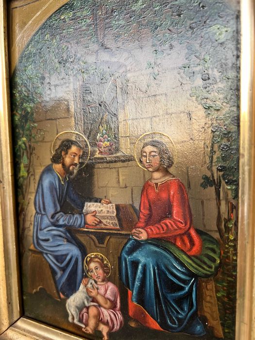 Piękny stary obraz -Swięta Rodzina , olej na blasze, złota rama, XIXw.
