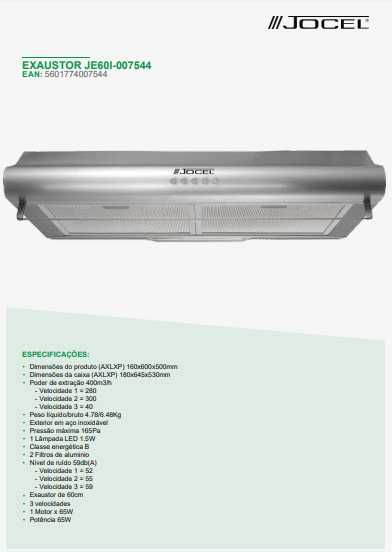 Exaustor Inox Jocel 60 CM 400m3/h