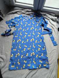 Sukienka ciążowa S, taliowana niebieska w żółte kwiaty