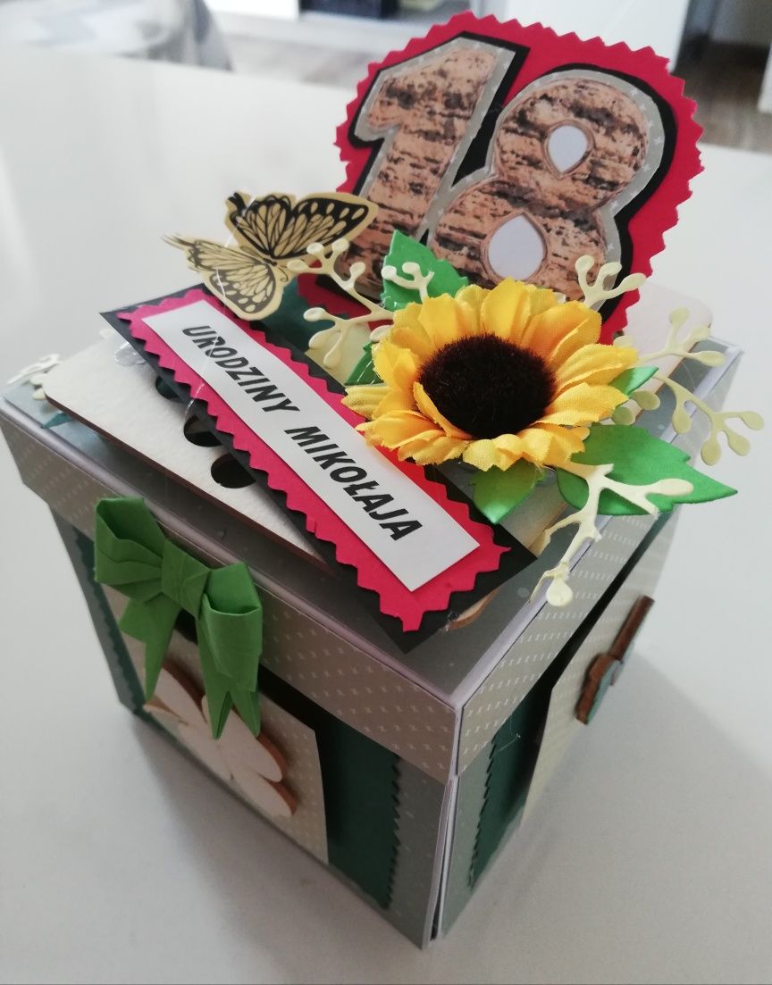 Kartka ręcznie robiona,exploding box, pudełko z okazji 18-tych urodzin